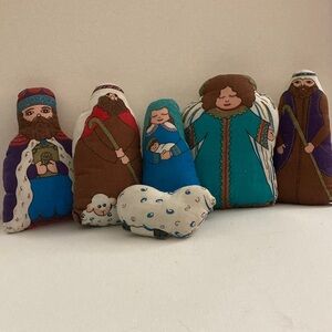 Plush fabric Nativity Scene set six pieces colorful beautiful print. Christmas